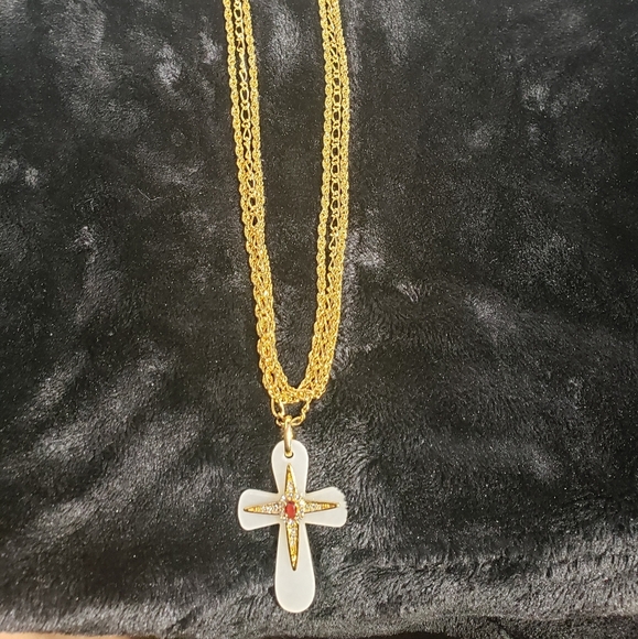 JBK Designer Signed Stone Cross Pendant on Long Ch - Picture 2 of 9